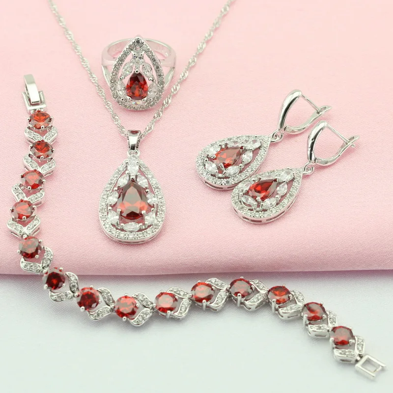 Garnet Red White Artifical Stone Silver Plated Bridal Jewelry Sets Necklace/Pendant/Drop Earrings/Bracelet/Ring Free Gift Box