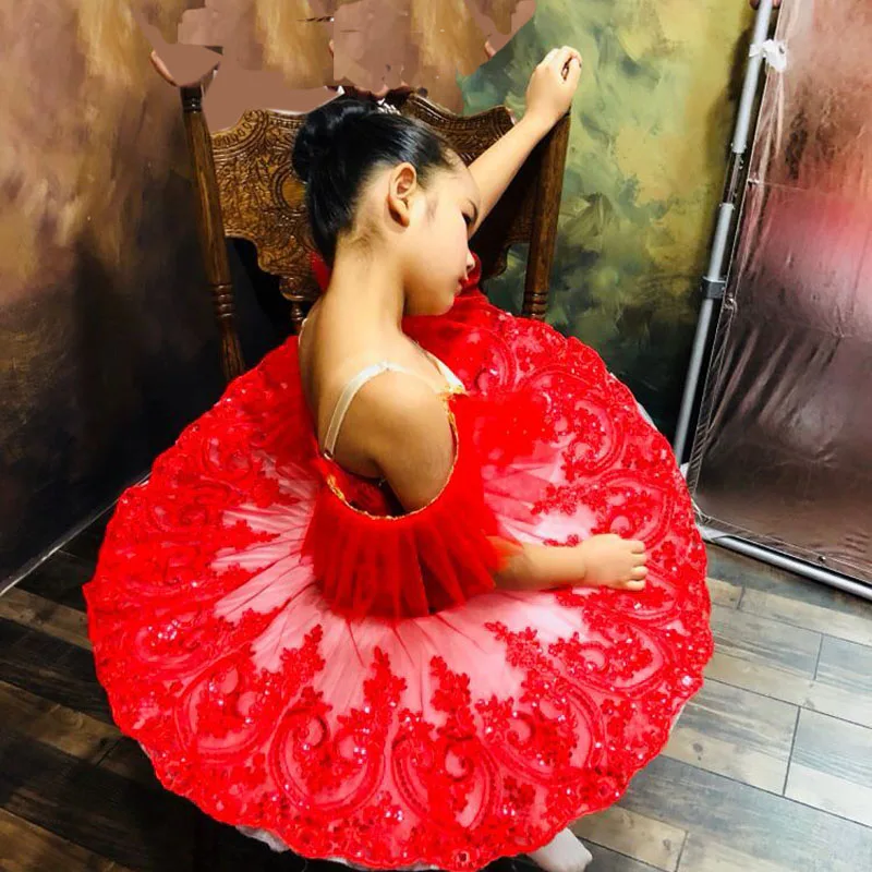 New Children Plattered Tutu Ballet Skirt Red Pettiskirt Swan Lake Show Dance Performance Costume