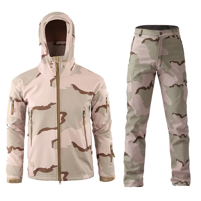 Тактическая флисовая куртка, набор, Мужская водонепроницаемая ветровка, флисовые пальто, камуфляжная Акула, кожа, военные куртки+ штаны, одежда, костюм - Цвет: Desert