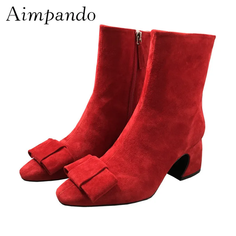 

Sexy Red Suede Winter Booties For Women Butterfly-knot Strange Heel Side Zipper Fashion Autumn Short Boots Women