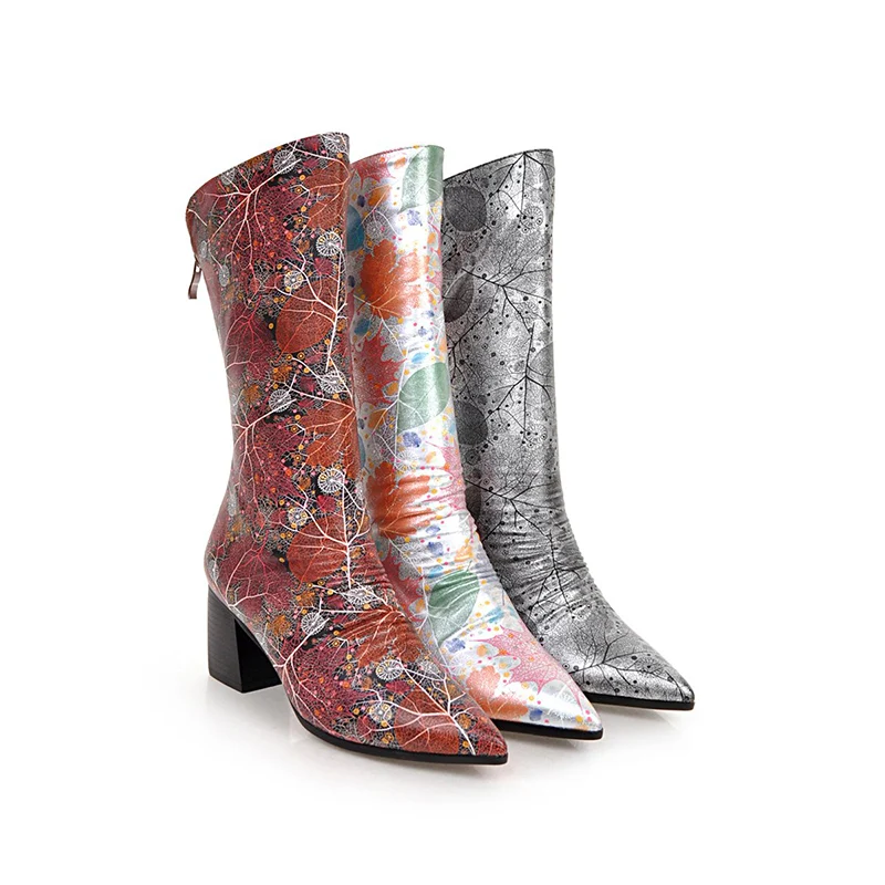 Kcenid/женские ботинки зимние сапоги до середины икры с принтом листьев сапоги на молнии на высоком каблуке Женская пикантная обувь с острым