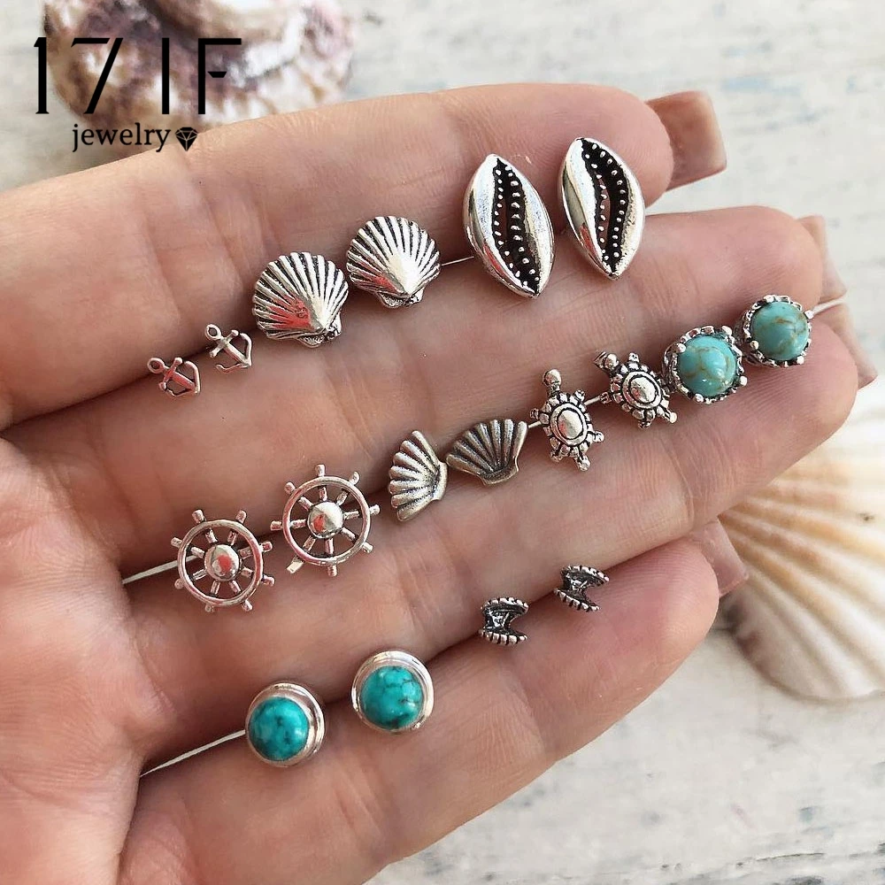 

17IF Boho Shell Turtle Anchor Small Stud Earrings Set For Women Punk Mix Design Geometric Stone Animal Ear Aros Jewelry Gift