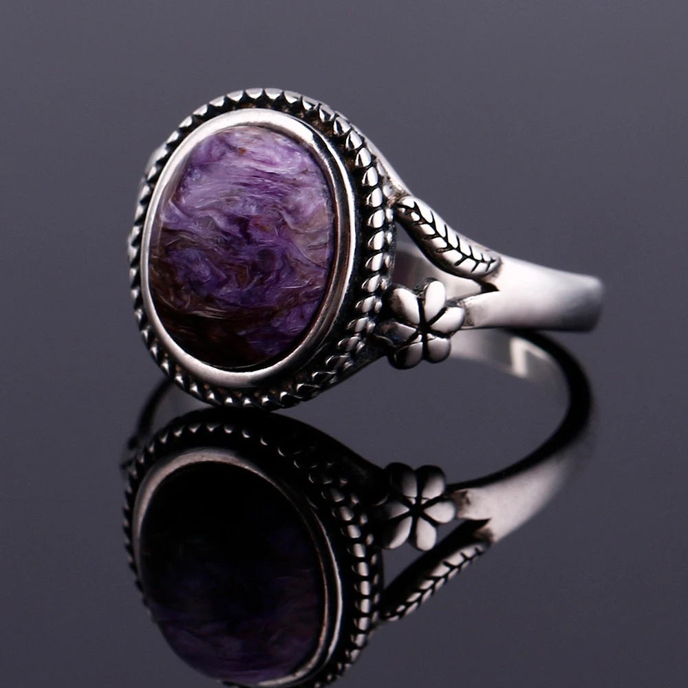 Винтажное богемное кольцо Nasiya, 8x10 мм, овальное фиолетовое чароитовое кольцо для женщин, 925 серебряное кольцо, Подарок на годовщину, вечерние ювелирные изделия