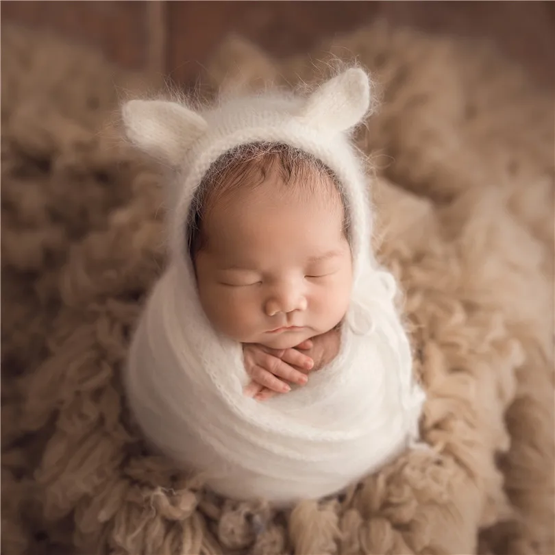 Новорожденный Фотография обертывание s вязаный Медведь Новорожденный шляпа Ангорская детская шляпа стрейч обертывание детская одежда для фотосессии позирует ткань корзина слой