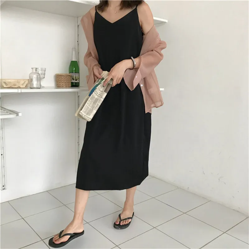 

Women's Sexy Maxi Loose Dress Sleeveless V-Neck Long Sleeve Sundresses Black Dress -A84