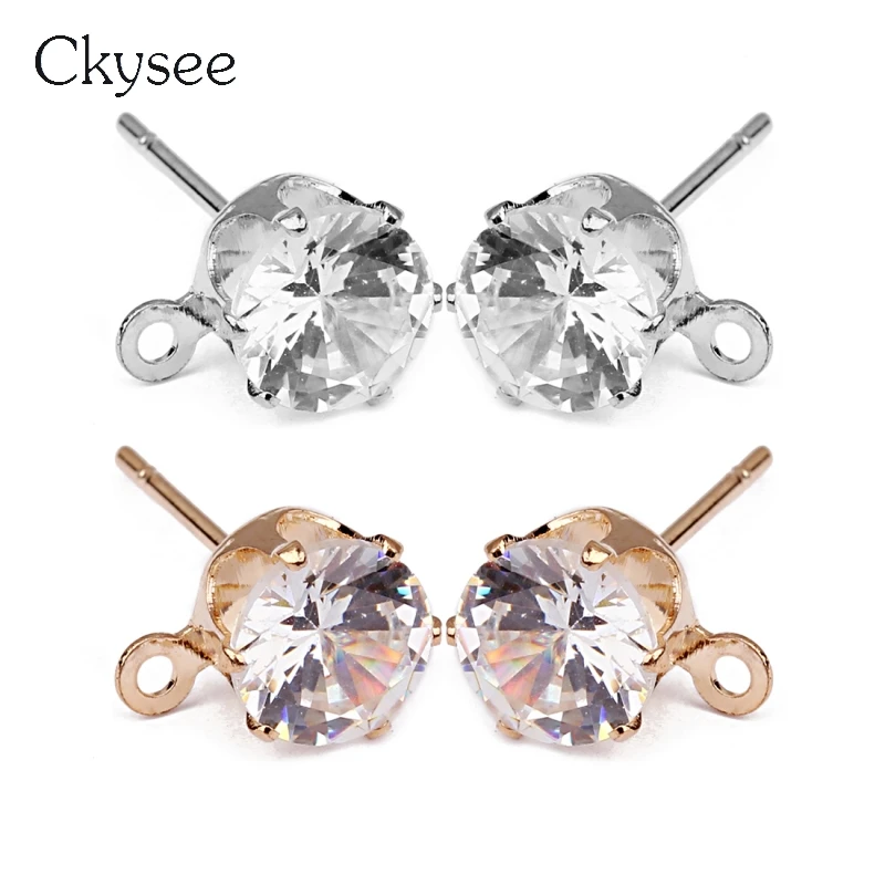 

Ckysee 50pcs/lot Zircon Ear Post With Loop Diameter 6/8mm Copper Gold Rhodium Color Earring Findings for Diy Jewelry Making