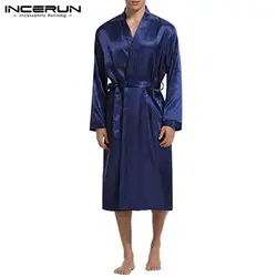 2019 новый мягкий шелковый атлас мужской халат с длинным рукавом длинный халат Легкий ремень карманы пижамы халат Masculina