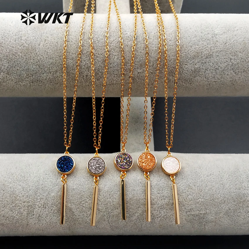 

WT-N1092 WKT New Charming In Best Gold Color Electroplated With Sparkly Druzy Stone Connector And Brass Stick Pendant Necklace