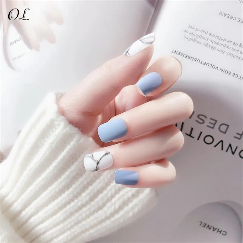 

24pcs Artificial Nail ArtTips with Glue Sticker for Office Home Faux Ongle White Light Blue Fake Nail Frost Matte Marble Square^