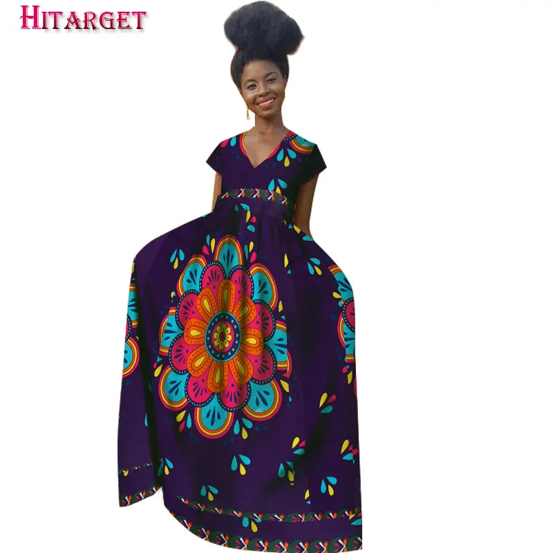 

African Dresses for Women Bazin Riche Deep V Neck Short Sleeve Java Ethnic Dresses Dashiki Kanga Ankara African Clothes WY1581