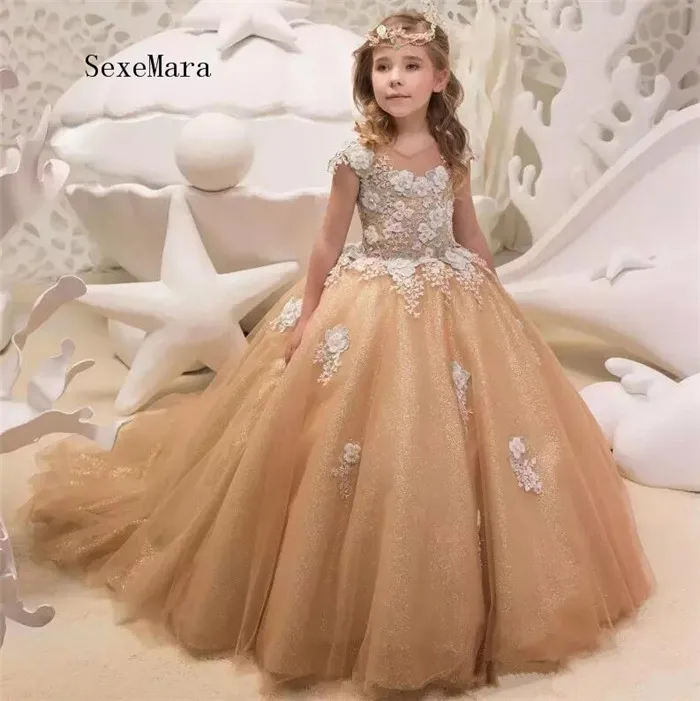 

Champagne Puffy Tulle Flower Girls Dresses For Weddings 3D Appliqued Beaded Toddler Pageant Gowns Tulle Kids Party Dress