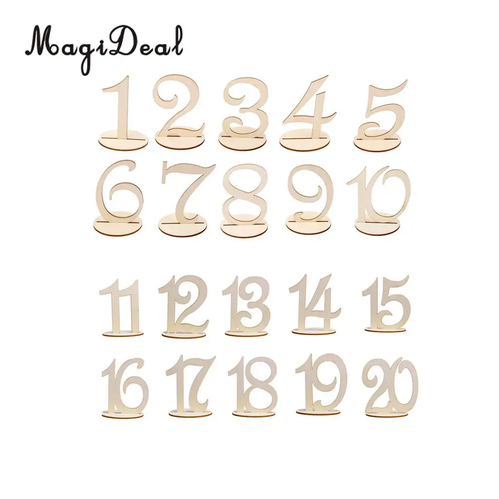 MagiDeal 20pcs/Lot MDF Wooden Table Number 1-20 Place Holder Table Number Figure Card Base Wedding Birthday Party French 