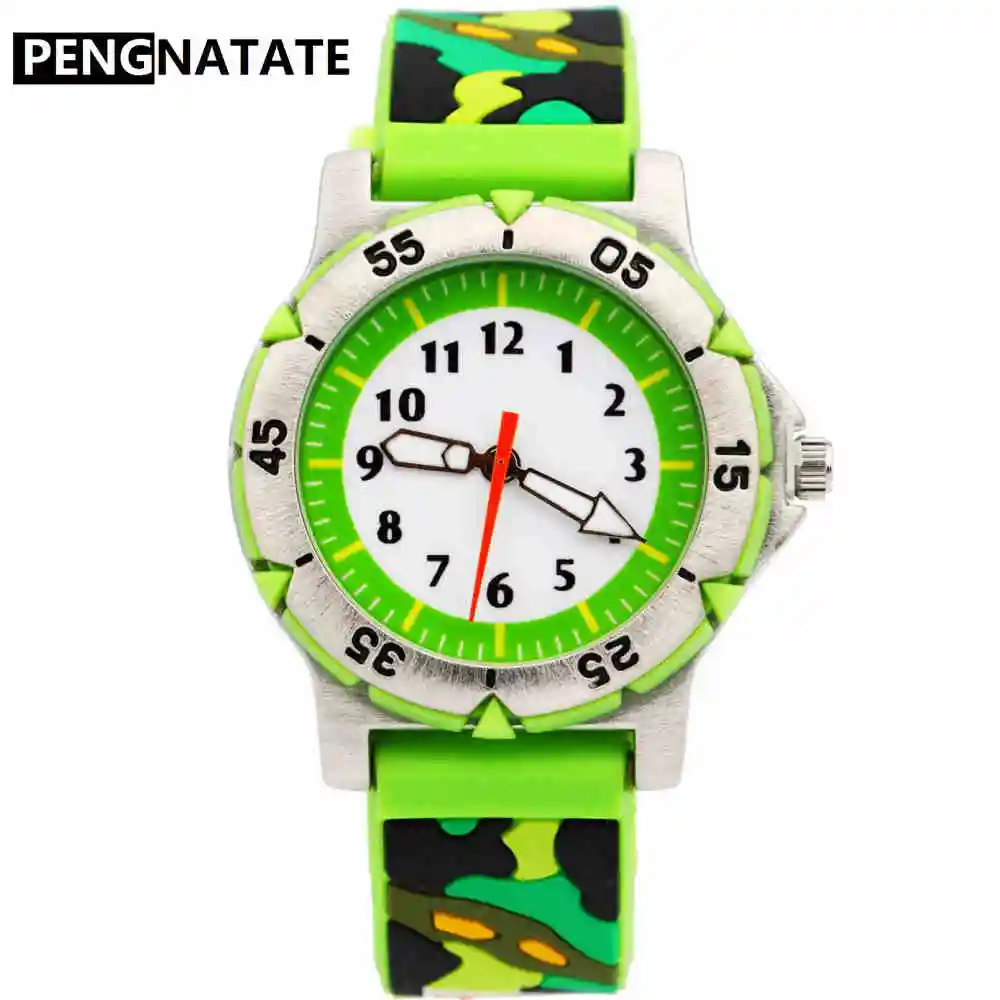 PENGNATATE детские часы милые подарки для мальчиков модный силиконовый Камуфляжный браслет наручные часы детские 3D мультфильм часы для мальчиков и девочек - Цвет: Зеленый