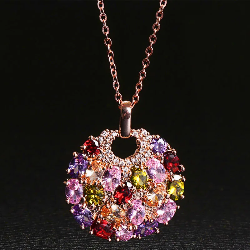 

Dazz 2019 Colorful CZ Zircon Copper Fashion Necklace Wedding Party Women's Bride Round Pendant Necklaces Rose Gold Color Jewelry