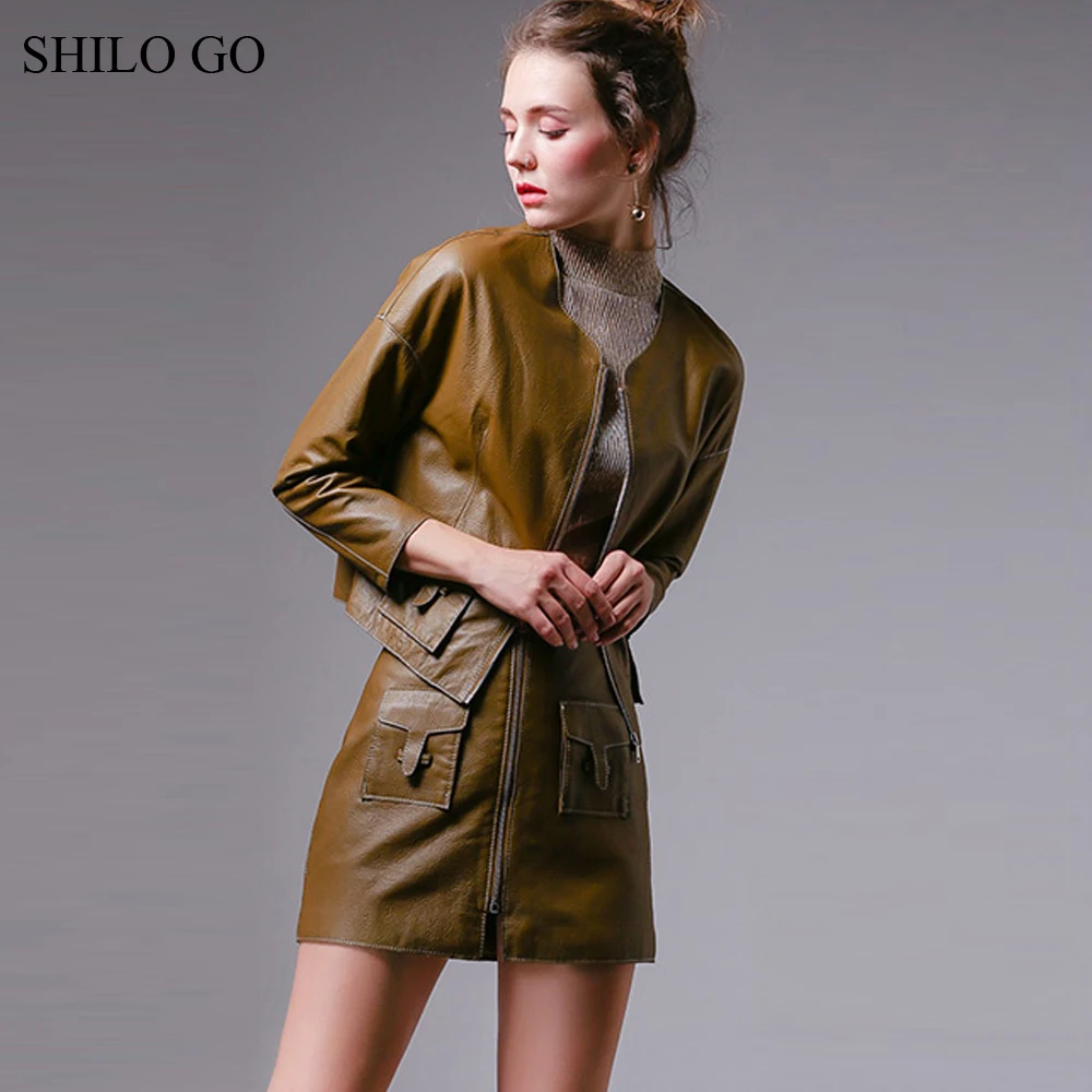 SHILO GO кожаные комплекты Женская Осенняя мода овчина из натуральной кожи костюм с круглым вырезом свободная кожаная куртка на молнии Юбка-карандаш