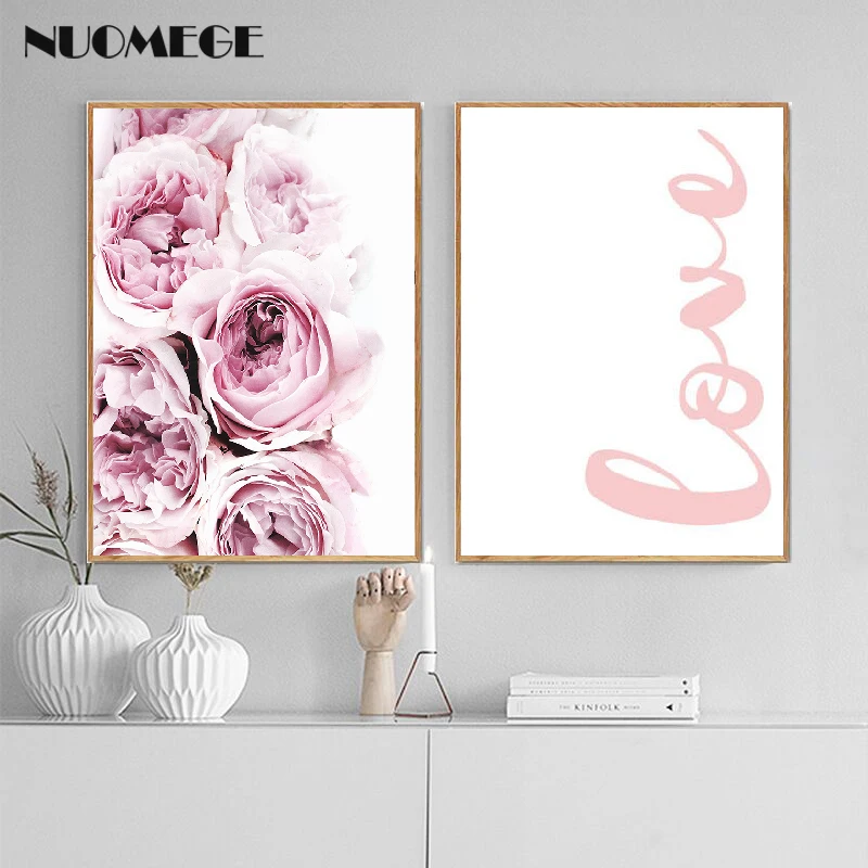 

Pink Flower Wall Art Canvas Painting Love Quote Posters Nordic Prints Scandinavian Style Decorative Picture Modern Home Decor