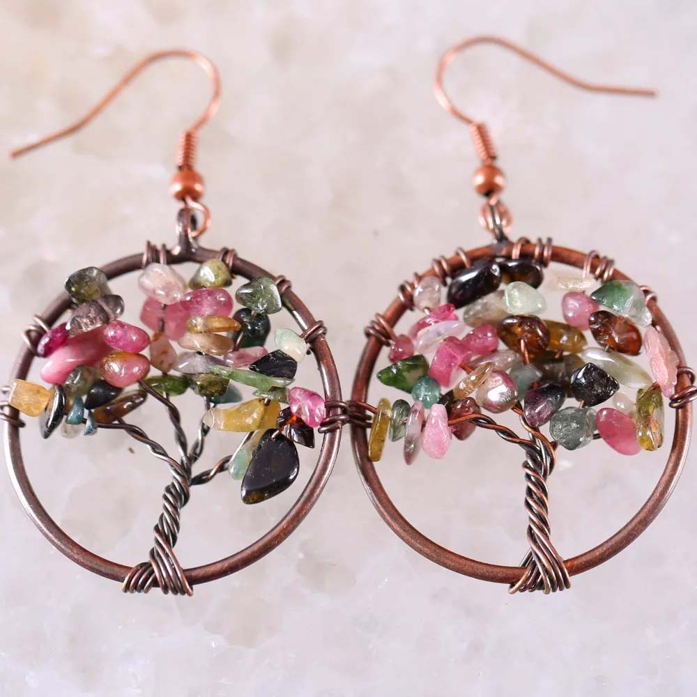 

Tree of life - Natural Stone Irregular Chip Beads Multi-color Tourmaline Copper Wire Wrap Round Earrings 1Pair U390