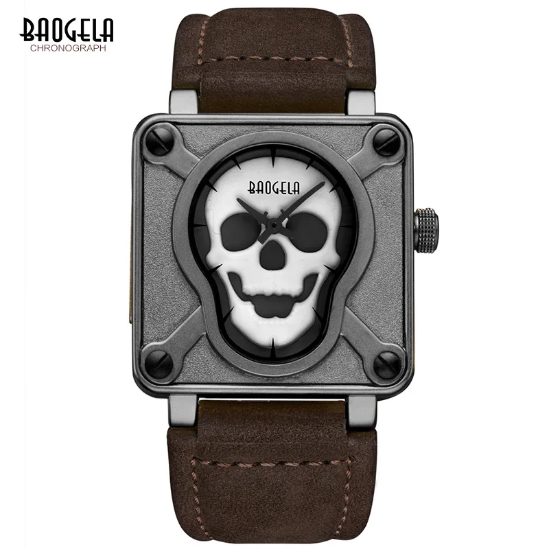 

BAOGELA Men's Skeleton Leather Strap Army Quartz Wrist Watches Luminous Analogue Watch Man Clock Relogios Masculinos 1701Brown