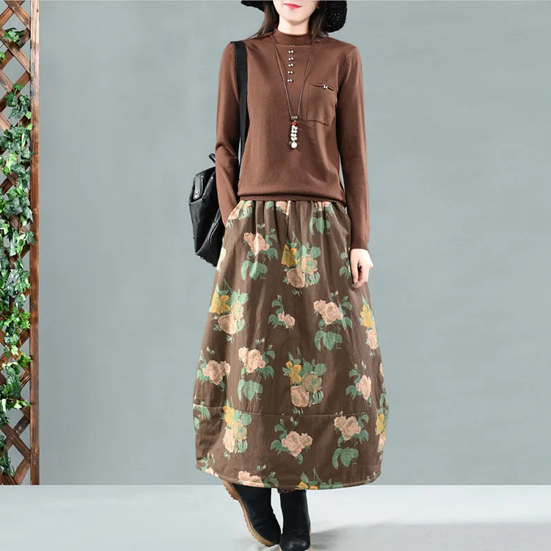 

QPFJQD Women Long Cotton Skirt Winter Thick Elegant Pleated Patchwork Mori Girl Casual Pocket Flowers Print Female Bud Skirts