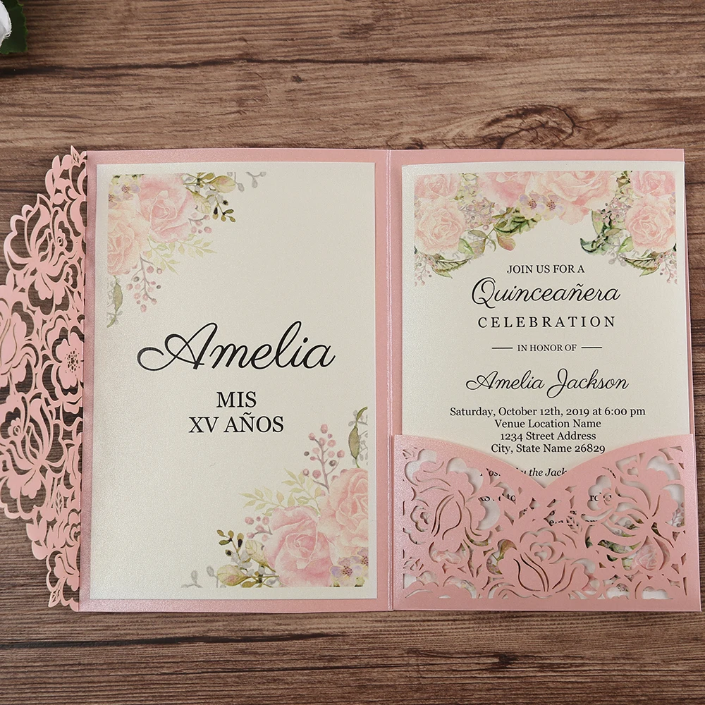 100pcs Pink laser cut flor Pocket Wedding Invitations ...