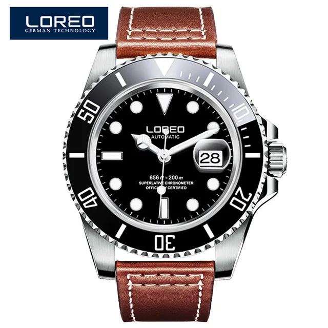 Leather band 2 LOREO 200 м водонепроницаемые часы для ныряльщика полностью стальные нарядные часы мужские деловые модные повседневные автоматические механические часы люксовый бренд - Цвет: Leather band 2
