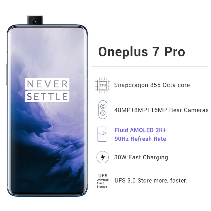 Мобильный телефон Oneplus 7 Pro с глобальной прошивкой, 12 Гб, 256 ГБ, Snapdragon 855, 6,67 дюйма, 90 ГГц, 2K экран, 48 МП, NFC, Android 9