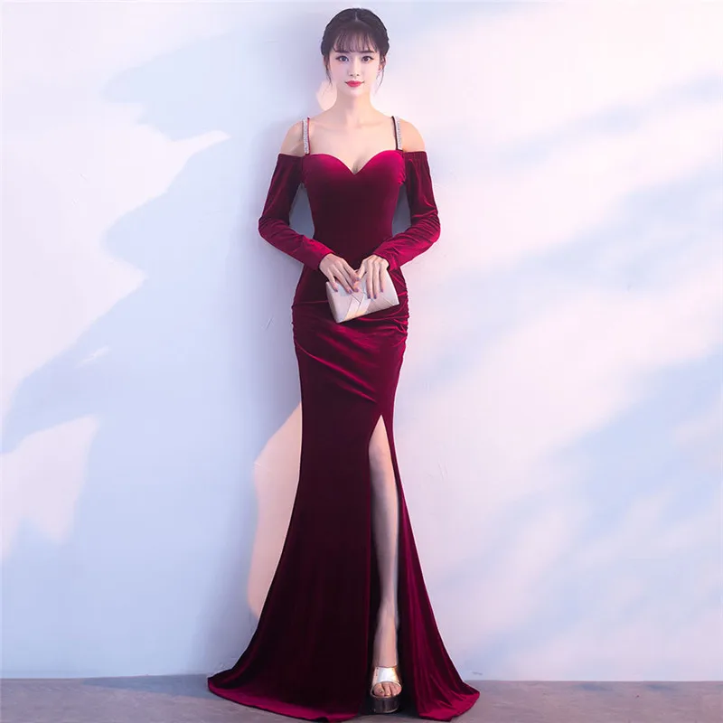 Женское бархатное платье с V образным вырезом и длинным рукавом|robe femme ete|club dressdress