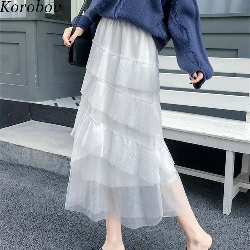 

Korobov Spring Summer New Arrival Pink Skirt High Waist Ball Gown Skirts Preppy Style Sweet Irregular Ruffles Mesh Saia 76887