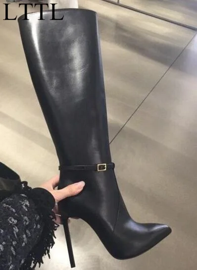 

2017 brand women's black leather pointed toe thin heel knee high boots black leather stilleto tall boots drop shipping