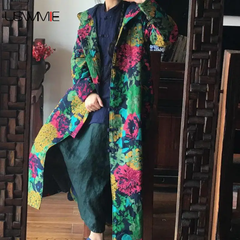

2018 Long Coat Long Sleeve Thickening Buckle Green Flower With Hooded Loose Joker Contrast Color Pocket Long Cotton Coat USWMIE
