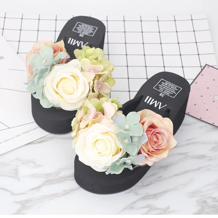 2017 Women Summer Flip Flops Cause Slippers Beautiful Flowers Female High Heel Cheap Platform Beach Shoes Online48