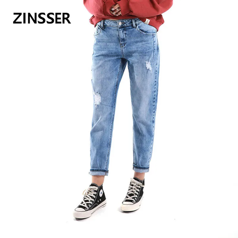 

Autumn Winter Women Denim Boyfriend Pants 100% Cotton Destroyed High Waist Acid Snow Blue Slim Ripped Lady Jeans ZS002FPTA24