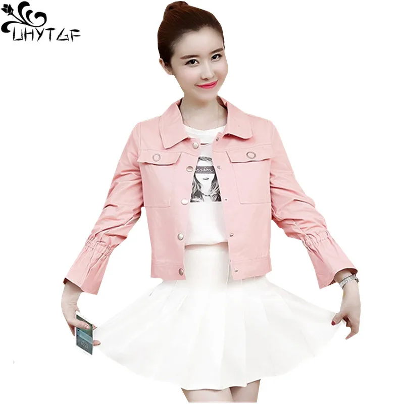 

UHYTGF Autumn Denim Jacket for Women 2018 Plus size Harajuku Short Slim fit Female Jeans Jacket Befree Pink White Tops Coat 348