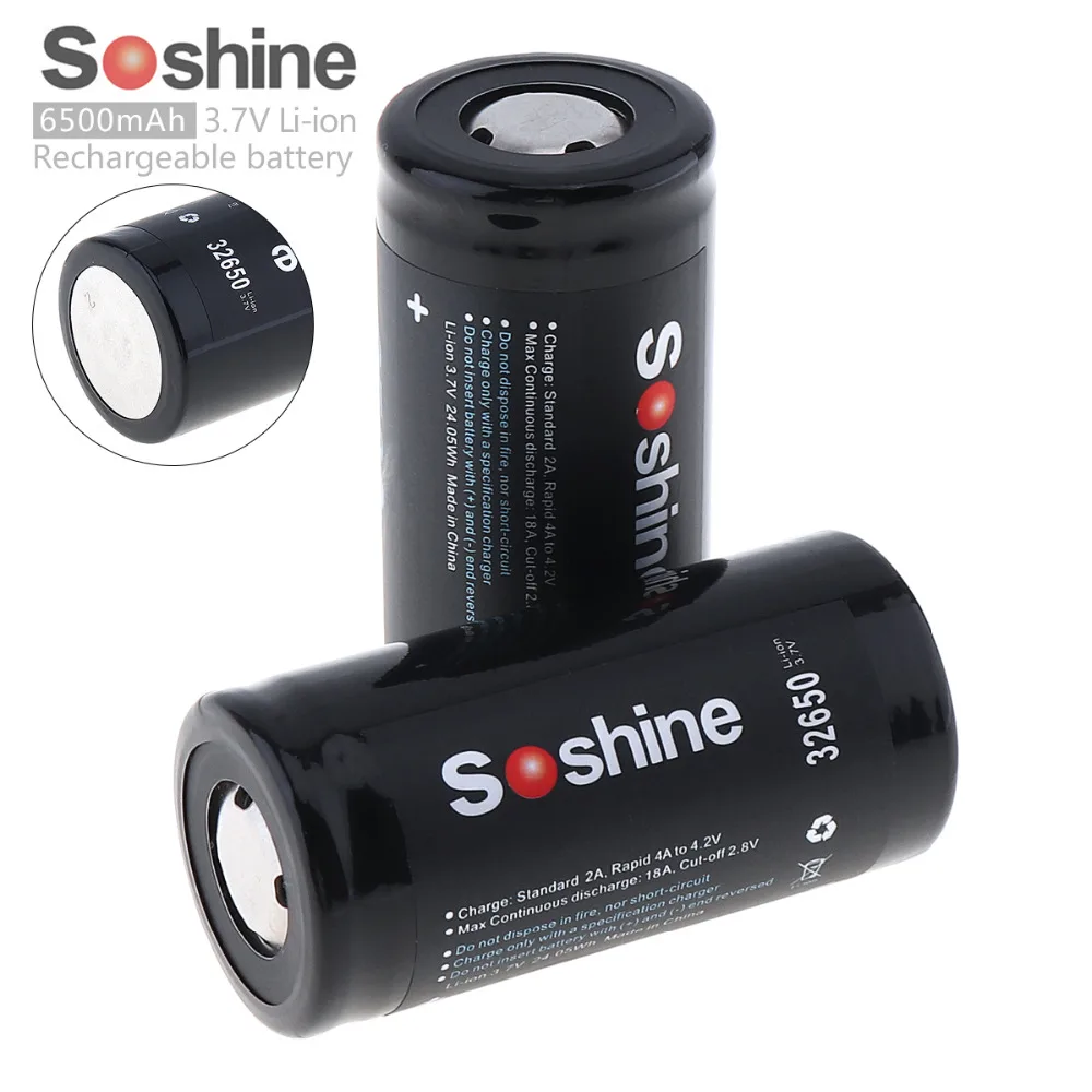 

2pc Soshine 6500mAh 3.7V 32650 Lithium Li-ion Rechargeable Battery 18A Discharg with Protected PCB for LED Flashlights Headlamps