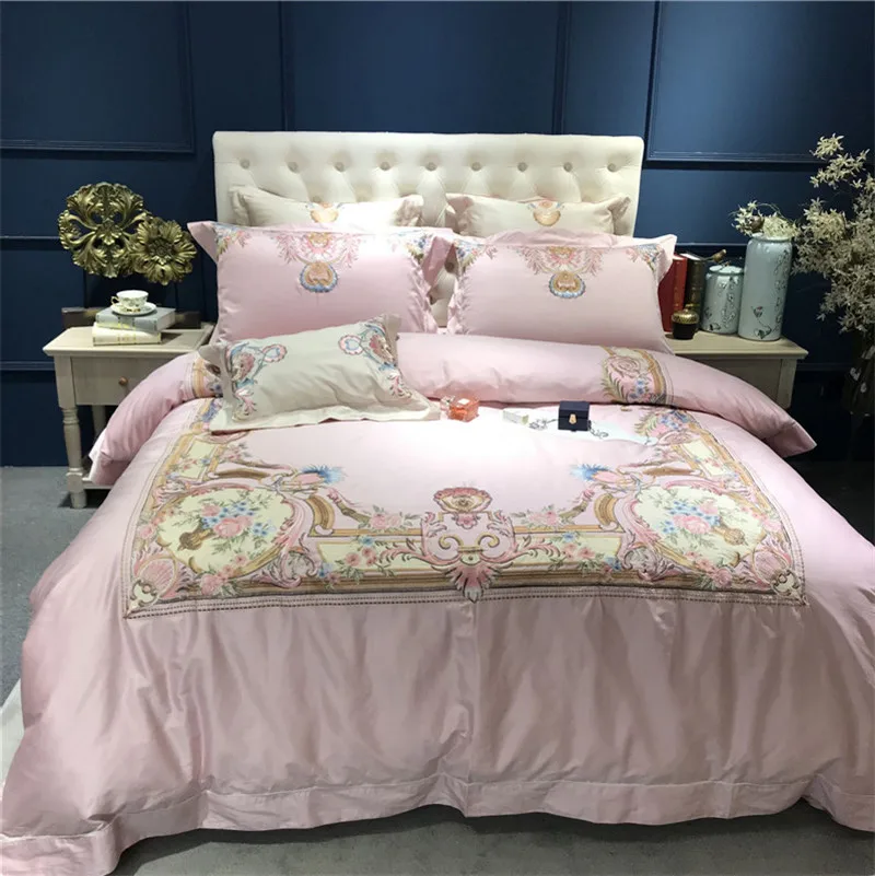 

Pink/Wathet Royal luxury Embroidery 100S Egyptian Cotton Comfortable Bedding Set Duvet Cover Bed Linen Bed sheet Pillowcases