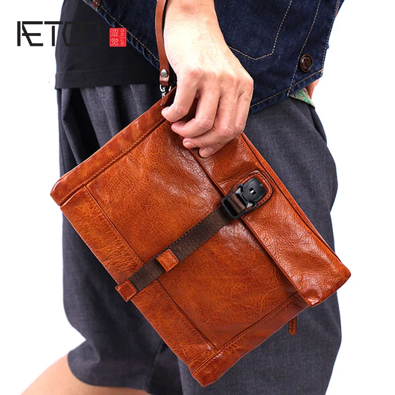 

BJYL Men's handbag casual leather handmade clutch bag men's new large-capacity retro leather clutch bag male tide