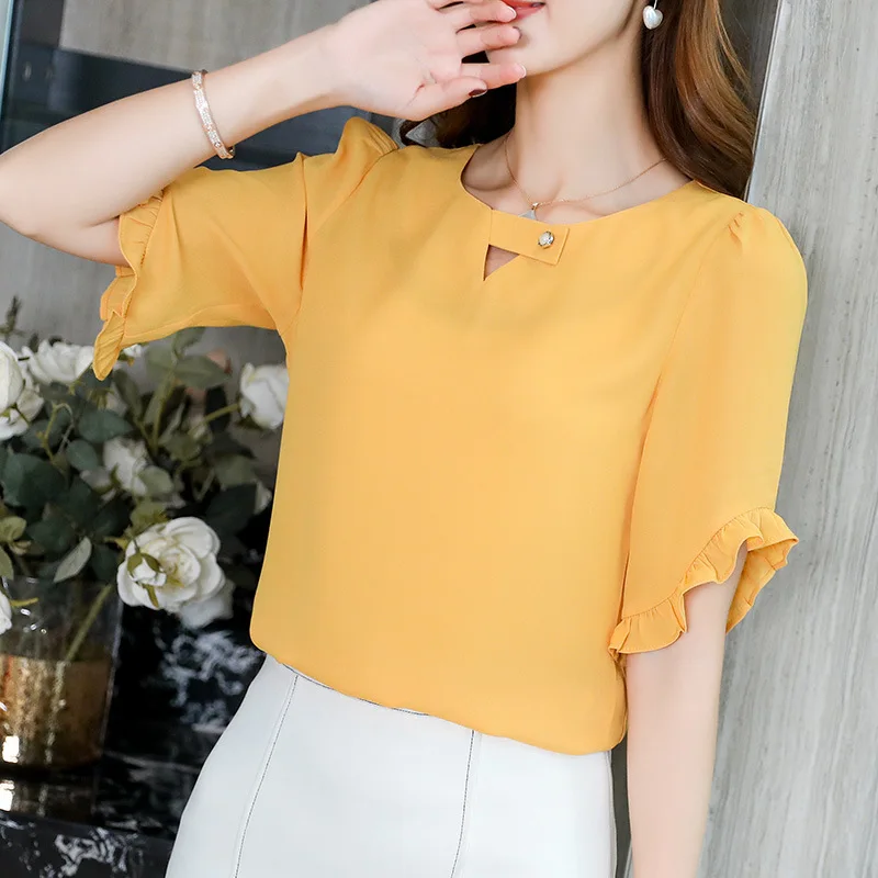 Spring Summer Chiffon Shirt Women's Fashion Pure Color Short Sleeve Thin Top Office Ladies New Korean Leisure Work Blouse H7069 2