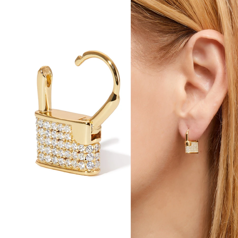 

micro pave cz lock earring unique 2019 new design women fashion hoop earrings with white rainbow cz