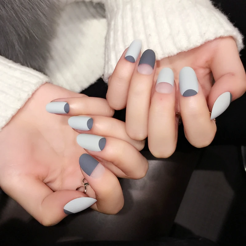 

Matte Surface False Nail Milk Gray Tile Gray Moo Opposite French Nails Fashion Artificial Nail Tips 24Pcs Z357