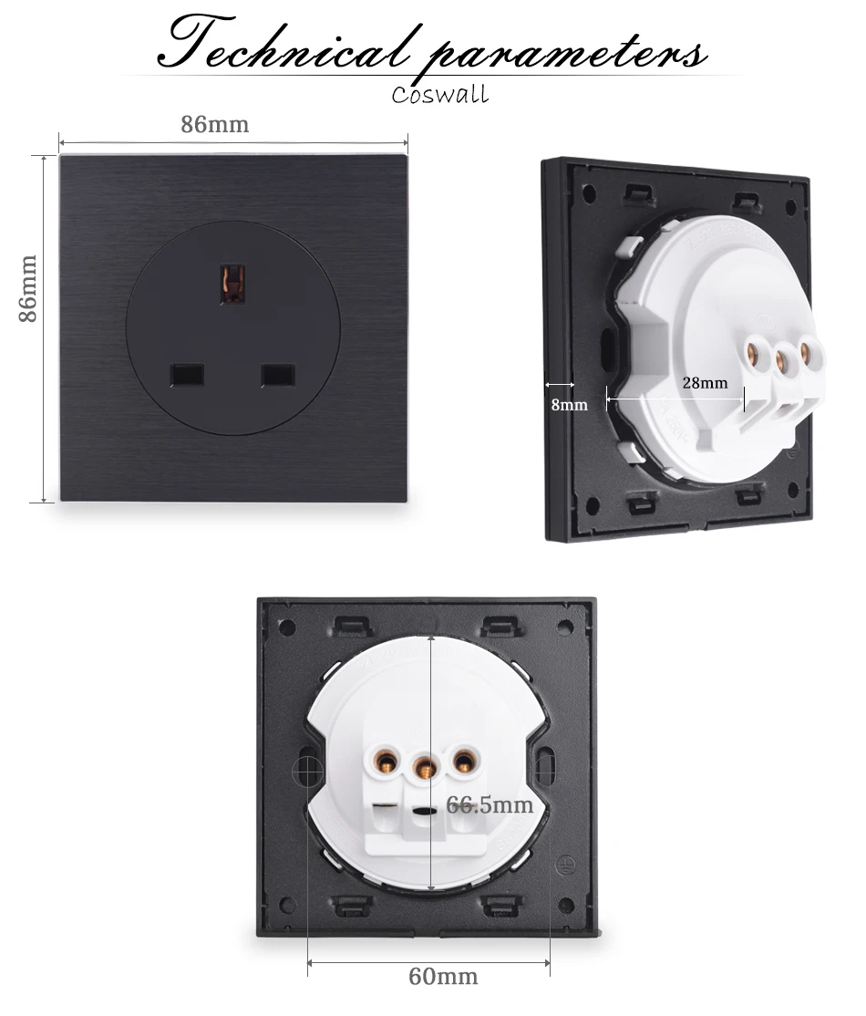 Coswall роскошная черная алюминиевая панель 13A британская стандартная настенная розетка заземленная с детским защитный замок