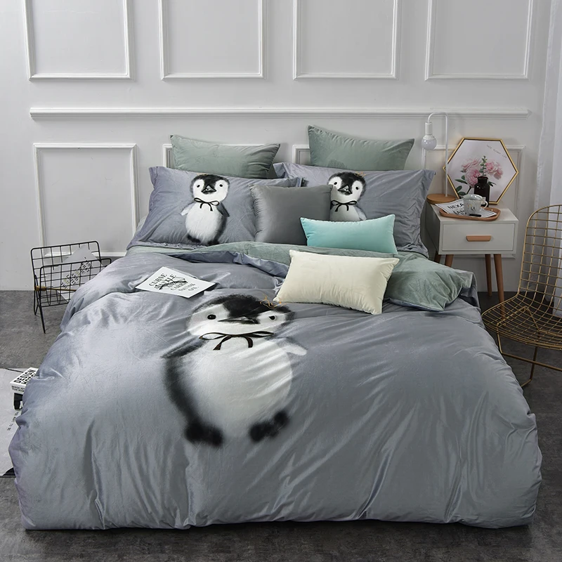 Милые Пингвины постельные принадлежности серый постельный комплект Двойной Твин queen king размер флисовая ткань пододеяльник простыня комплект наволочка