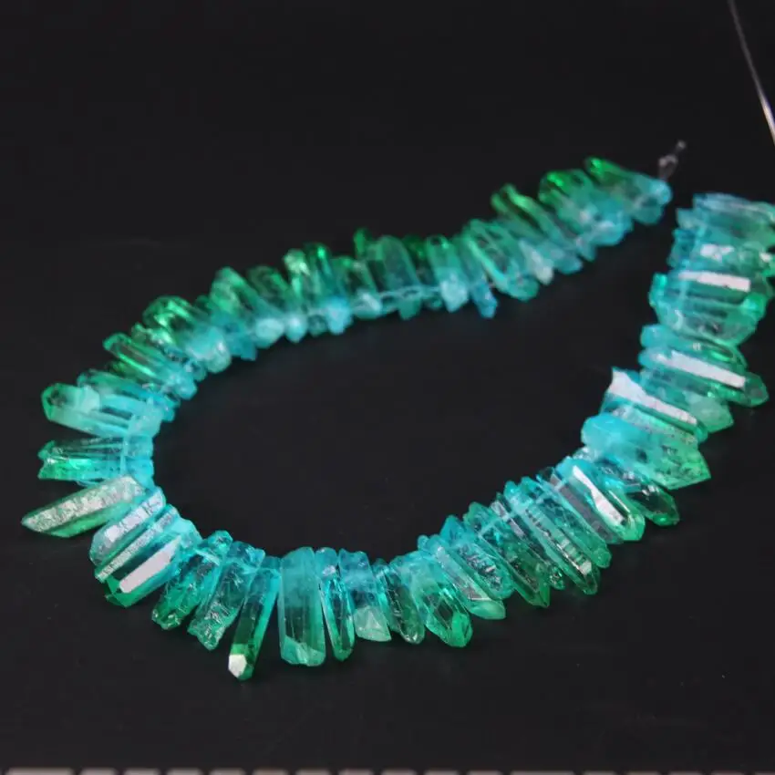 

15.5"/strand Top Drilled Beautiful Gradient Blue Green Color Titanium Raw Crystal Quartz Point Beads,Rough Stick Pendant Jewelry