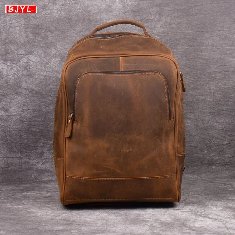 

New Retro men's real genuine leather computer backpack top layer leather 15" laptop shoulder bag travel large-capacity backpack