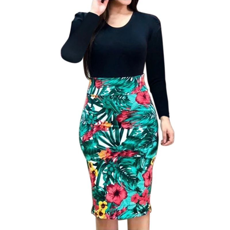 Elegant Women Autumn Dress Over Sized Sexy Floral Pencil Dresses Long Sleeve Evening Party Bodycon Vestidos|Платья| |