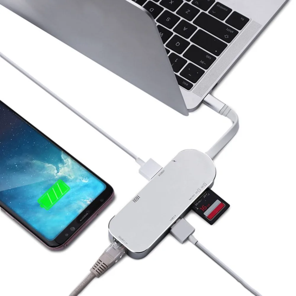 

YC206 Type-C Hub Gigabit USB 3.0 HUB Type-C 4K Video HD Output TF Card Reader usb-c hub for Apple MacBook Laptop Tablet