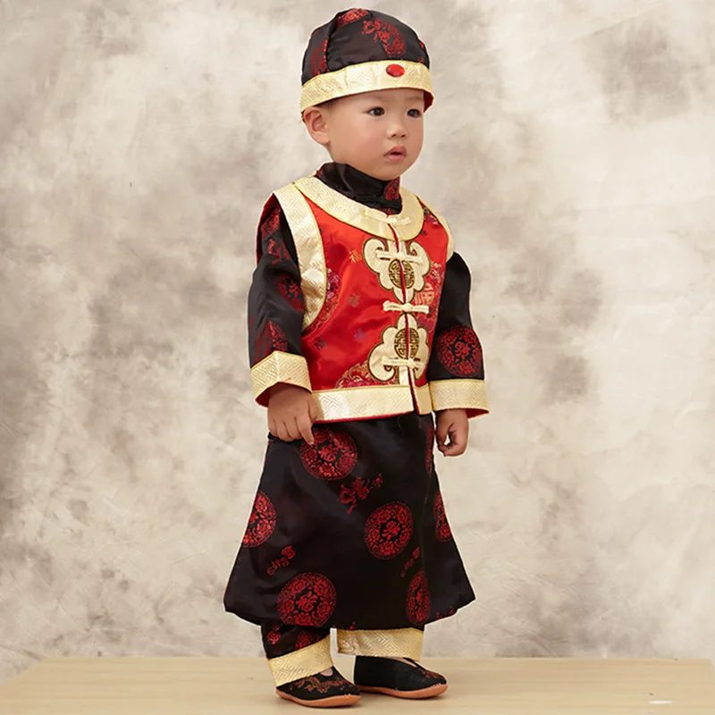 Хлопковый Новогодний комплект одежды из 3 предметов для маленьких мальчиков, платье с длинными рукавами+ жилет+ шапка, Детский костюм в стиле Тан для мальчиков, китайские традиционные костюмы - Цвет: Black 3pcs