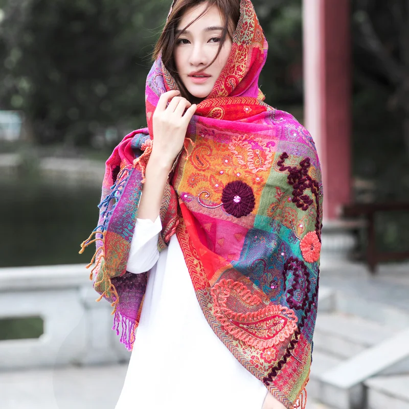 

high quality Bohemia handmade flowers red color embroidery beaded pipe sequins wool scarf Shawl size:70*195cm(dry cleaning)
