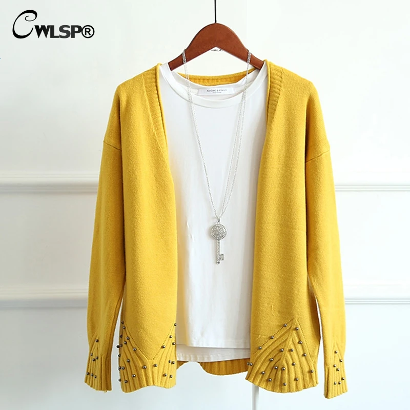 

CWLSP Fashion Long Sleeve 100% Cotton Autumn Women Sweater Cardigan Casual Solid Cute Female Sweater Outerwear Jumper QZ2322