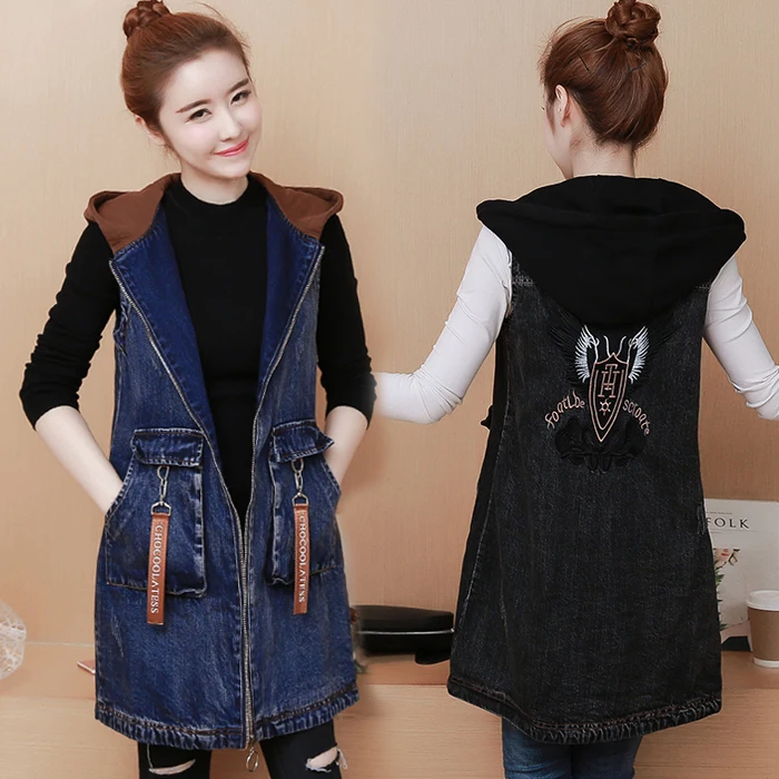 

2018 New Top quality Spring Autumn Women vest plus size embroidered denim Female jacket.Fashion hooded long Sleeveless Waistcoat