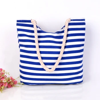 

4PCS / LOT Canvas Summer Beach Bag Ladies Shopping Bags Women Tote Bags Large Female Handbags Blue And White Striped Casual
